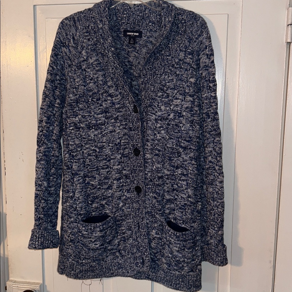 Lands End Women’s “Drifter” Cardigan Blue White Large Shawl Collar Chunky Heavy